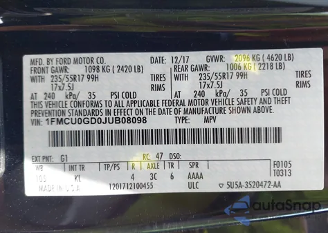 2018 Ford Escape Se z USA, uszkodzony, nr VIN 1FMCU0GD0JUB08098